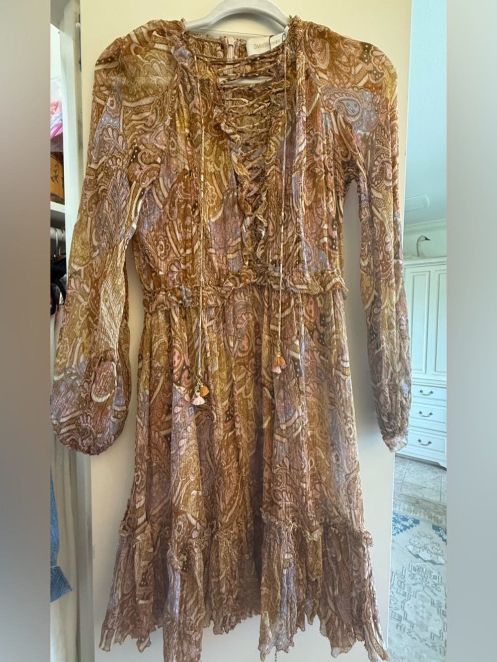 Zimmerman Lace-Up Long Sleeve Paisley Dress in multi color Size 1